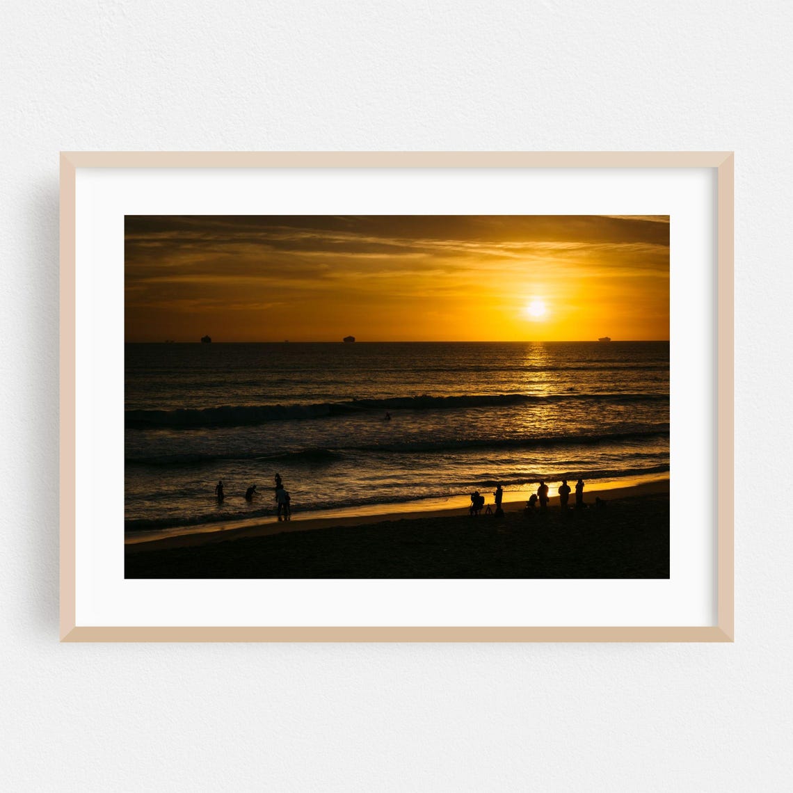 Huntington Beach Golden Sunset Waves Ocean Silhouette Photo Print