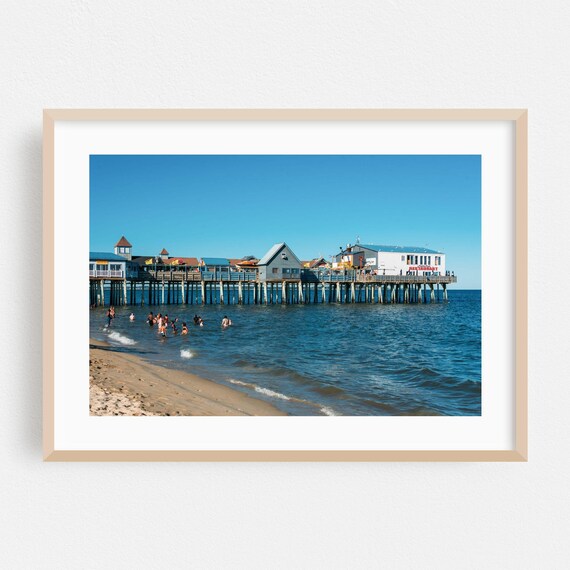 Old Orchard Beach Pier With Swimmers And Seaside Restaurants Poster
