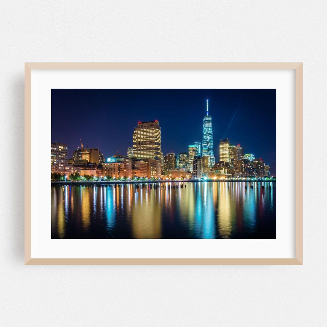 Manhattan New York Skyline Night Reflections City Photography Poster