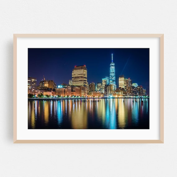 Manhattan New York Skyline Night Reflections City Photography Poster