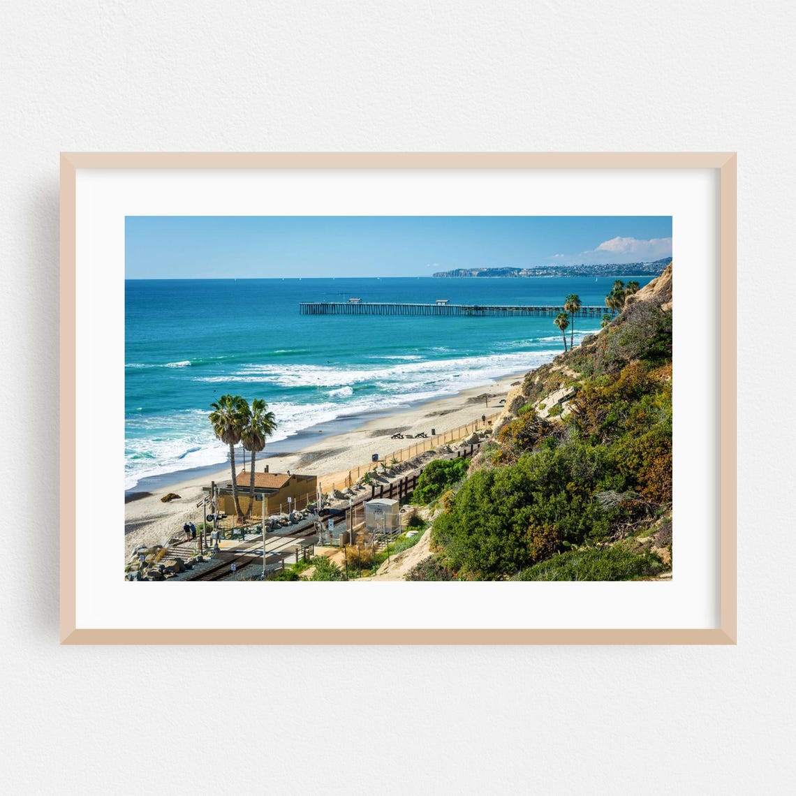San Clemente Sunny Beach Pier Palm Trees Coastal Scenic View Poster
