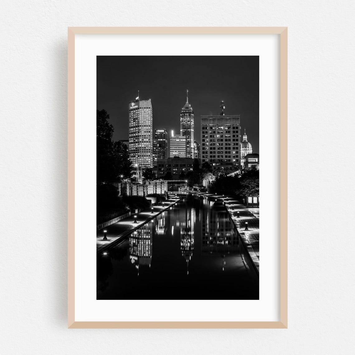 Indianapolis Indiana Night Skyline Black and White Photo Print