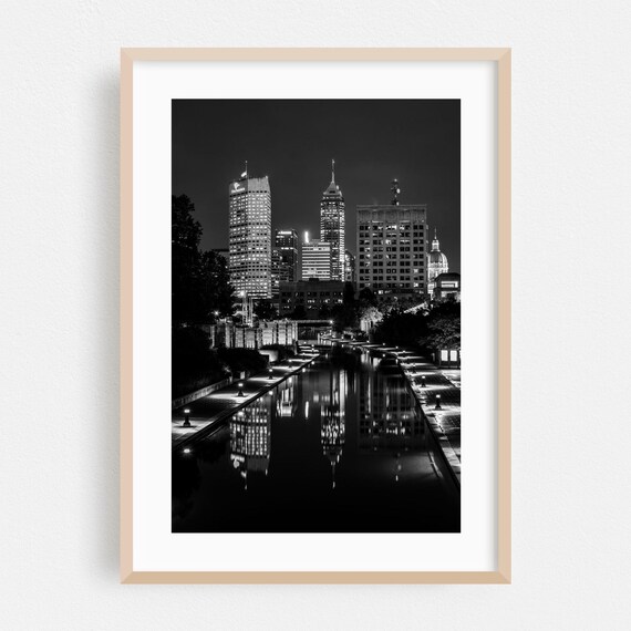 Indianapolis Indiana Night Skyline Black and White Photo Print