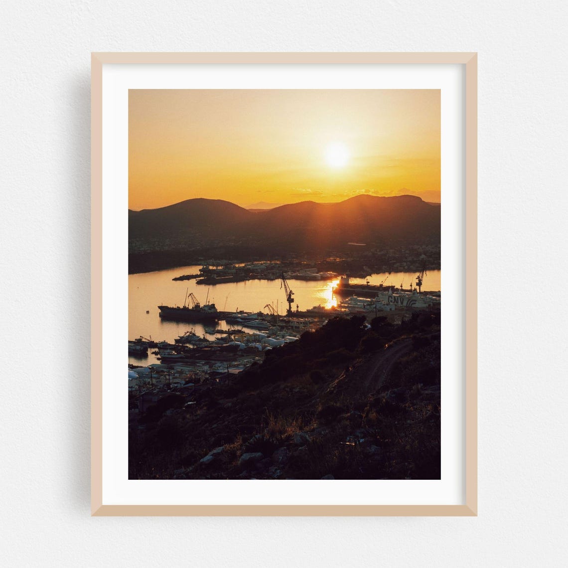 Golden Sunset Harbor Ships Cranes Silhouette Scenic Photo Art Poster