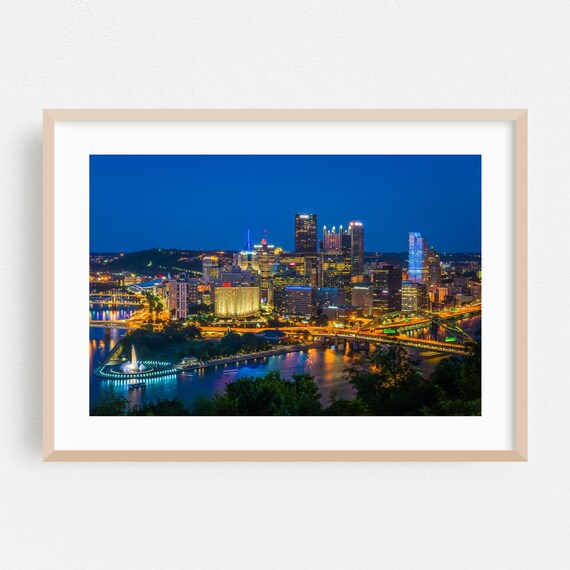 Pittsburgh Pennsylvania Skyline Night Lights River Bridges Photo Poster