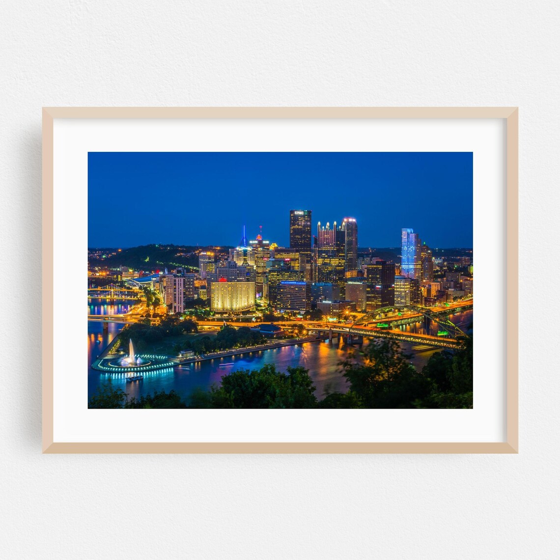 Pittsburgh Pennsylvania Skyline Night Lights River Bridges Photo Poster