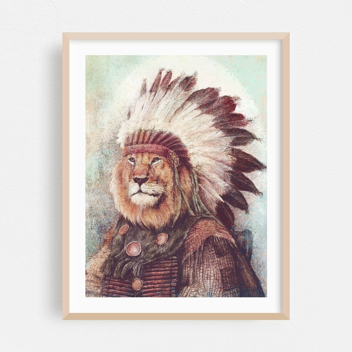 Lion Chief Feathered Headdress Vintage Wildlife Portrait Poster
