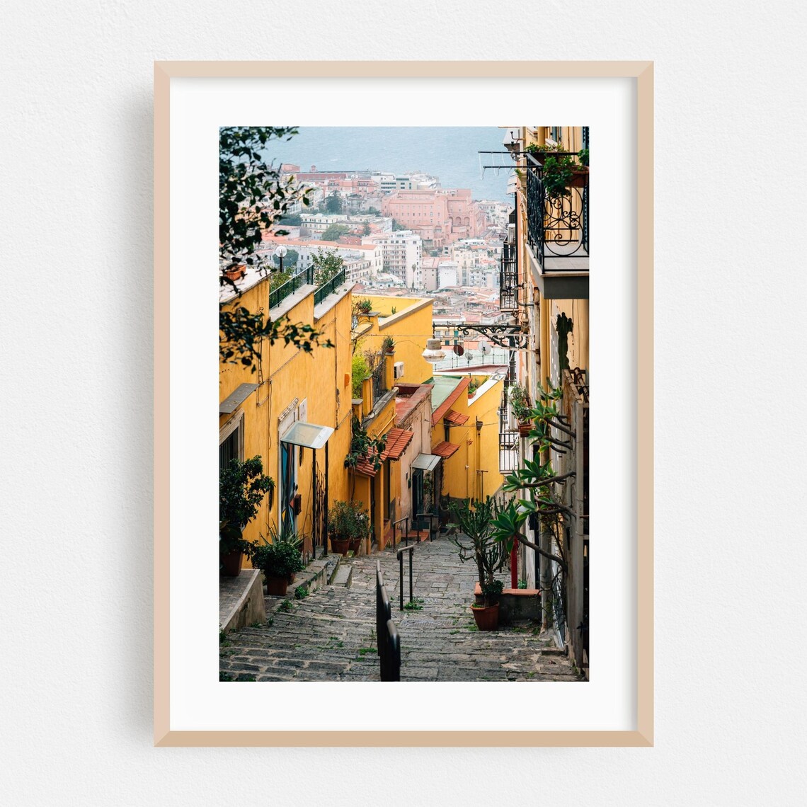 Naples Italy Steep Yellow Street View to the Bay Photo Print