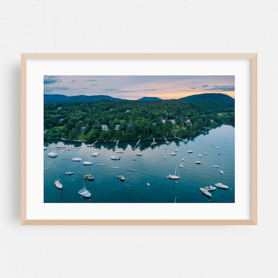 Maine Harbor Dusk Aerial Boats Forest Coast Photography Poster