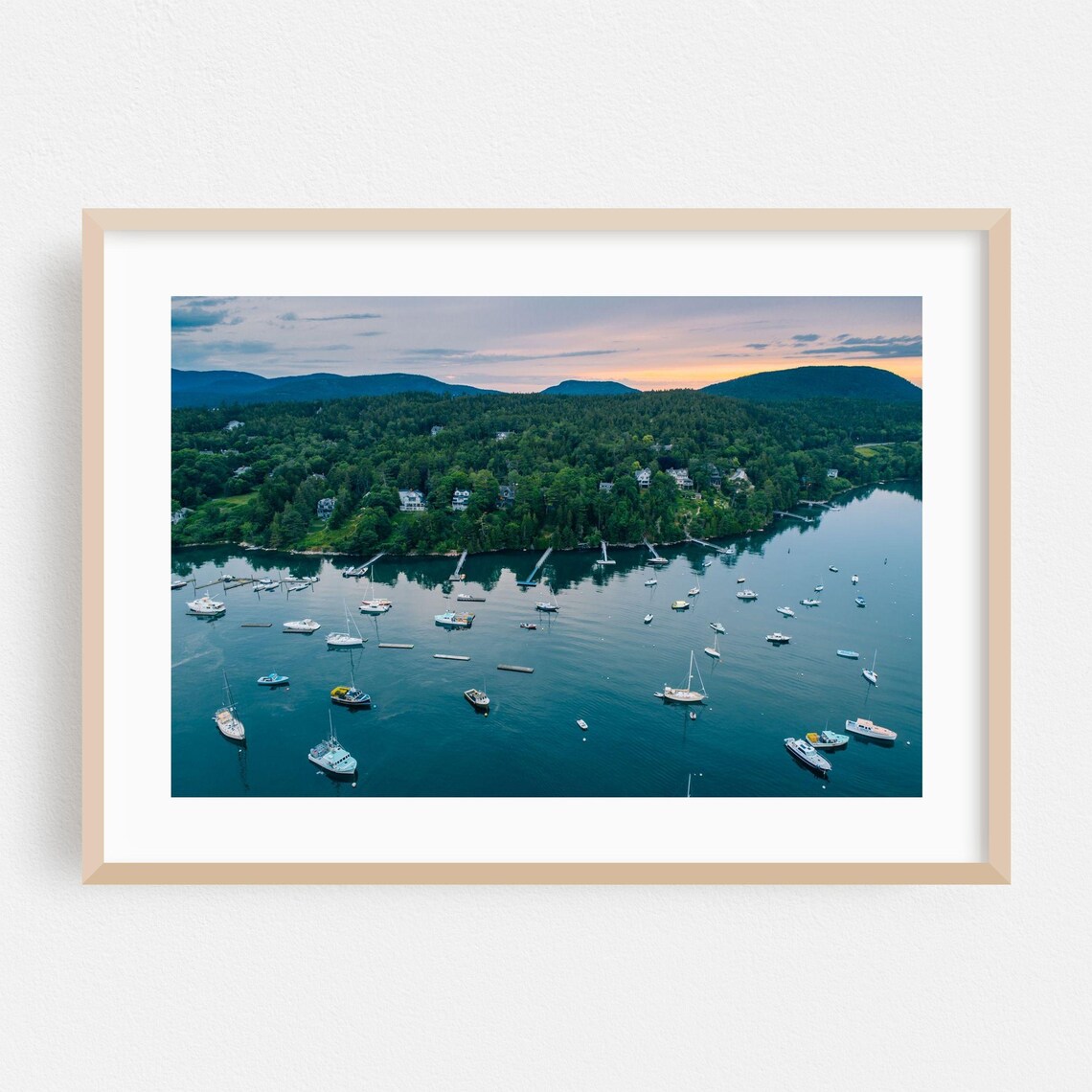 Maine Harbor Dusk Aerial Boats Forest Coast Photography Poster