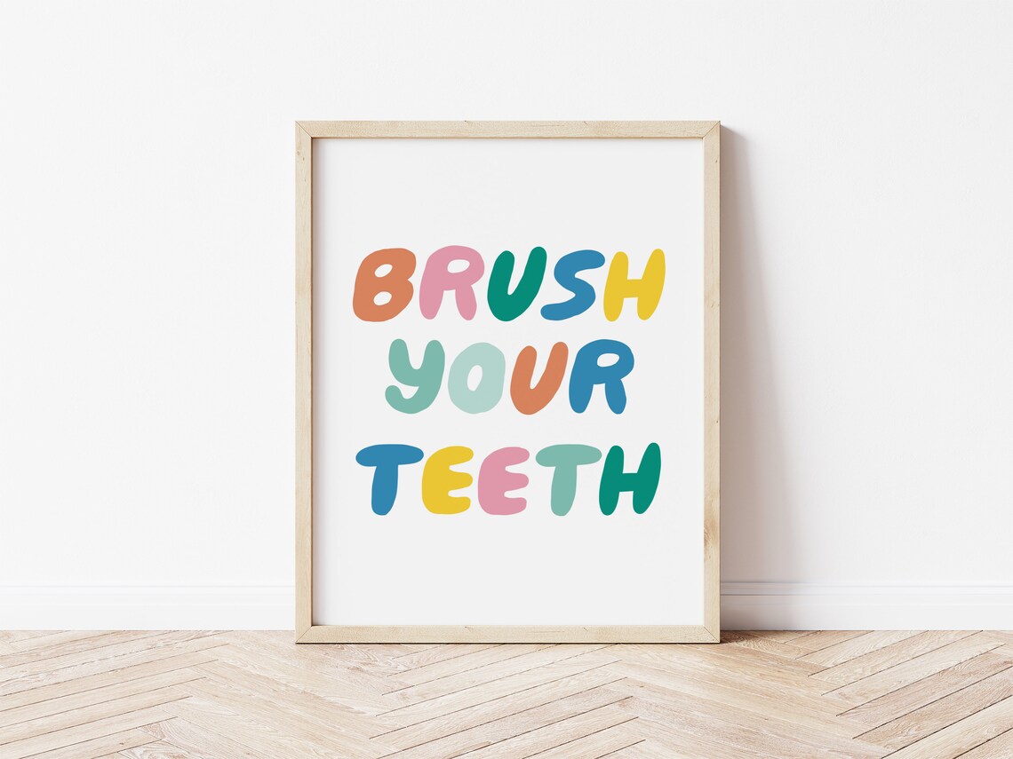 Brush Your Teeth Colorful Bubble Letters Kids Bathroom Decor Poster