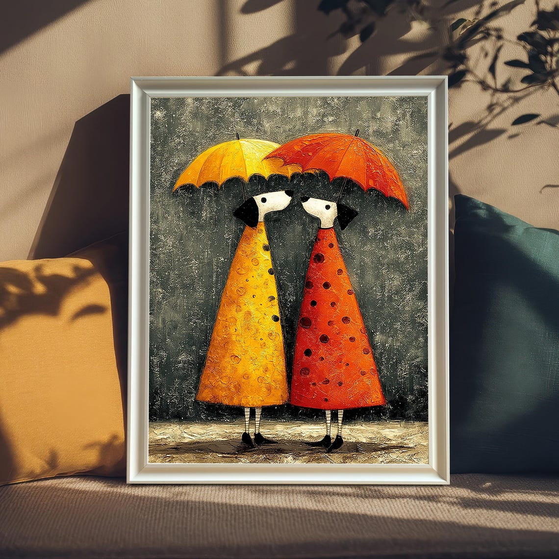 Two Whimsical Dogs with Umbrellas in Rain Colorful Naive Art Poster