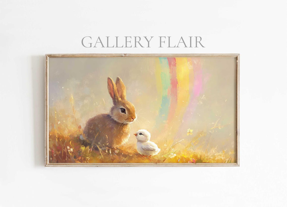 Bunny And Chick Under Pastel Rainbow Golden Meadow Easter Poster