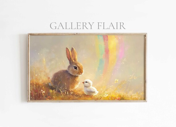 Bunny And Chick Under Pastel Rainbow Golden Meadow Easter Poster