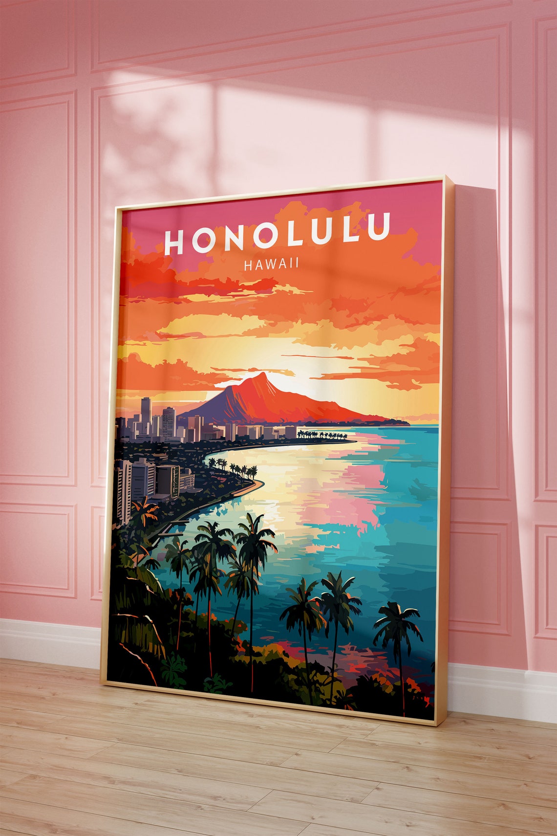 Honolulu Hawaii Diamond Head Sunset Bay Iconic Travel Poster - Image 2