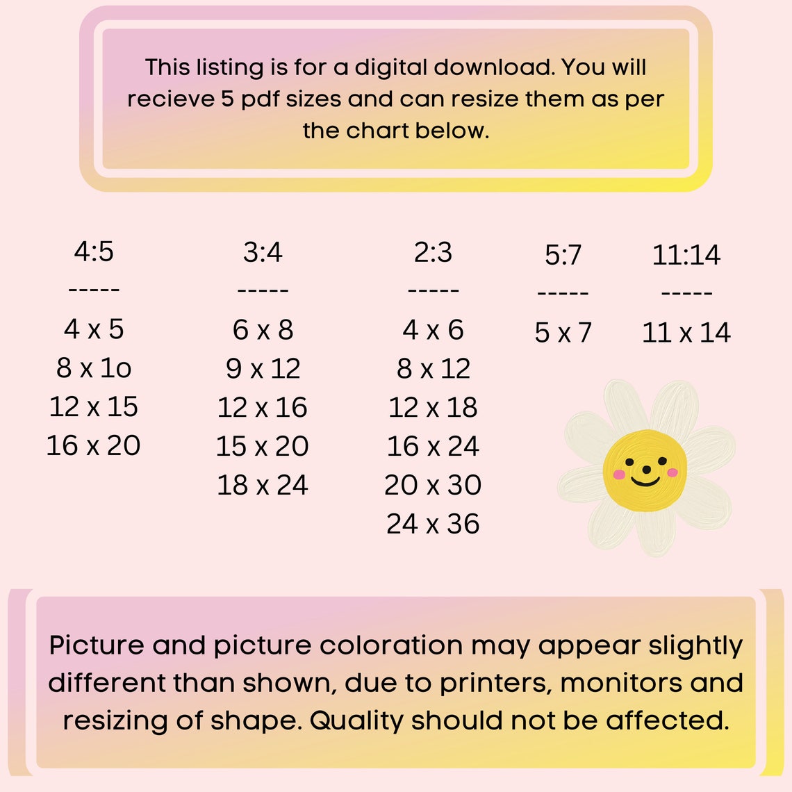Digital Download Print Size Reference Chart 4x5 to 24x36 Ratios