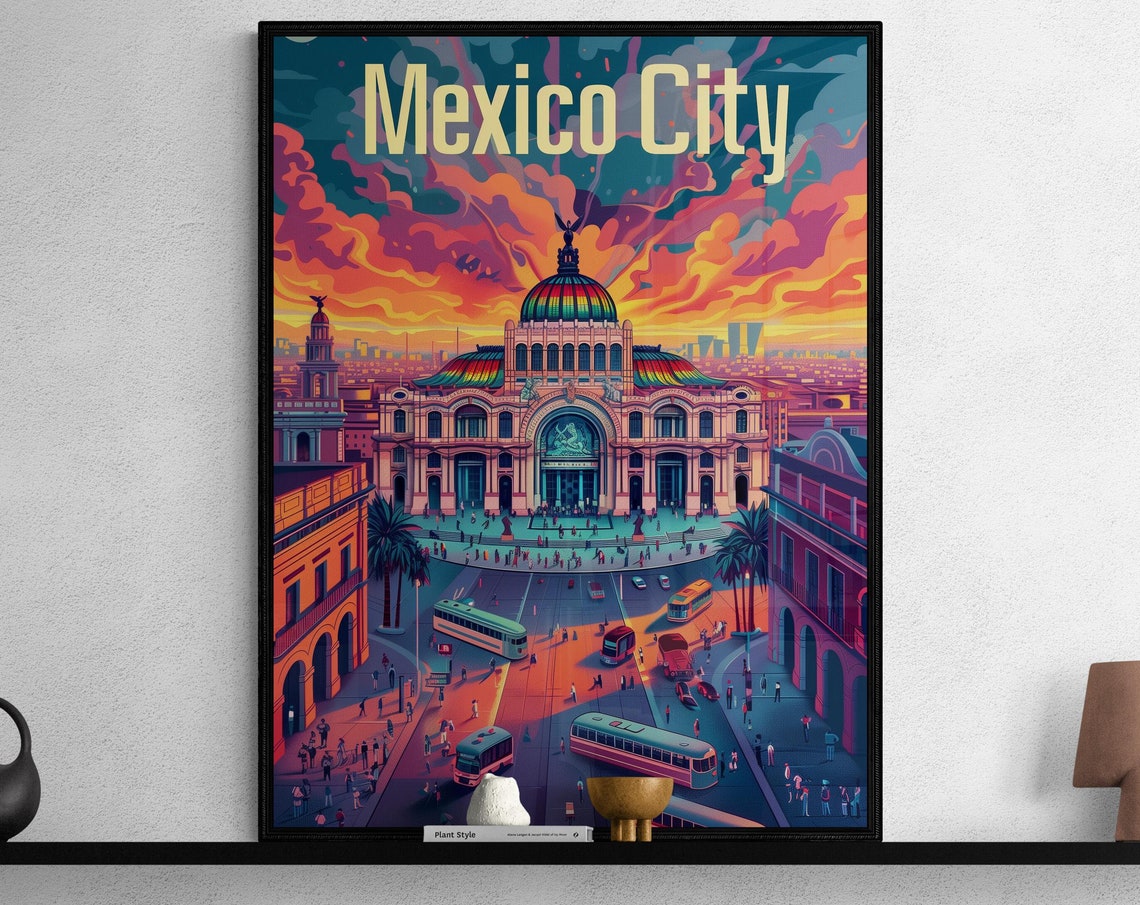 Mexico City Palacio Bellas Artes Sunset Colorful Travel Poster