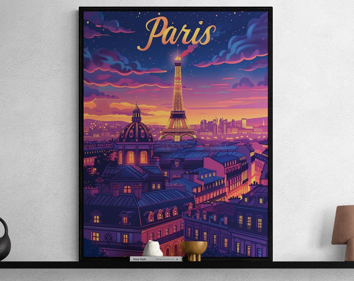 Paris Eiffel Tower Rooftops Night Skyline Romantic Travel Poster