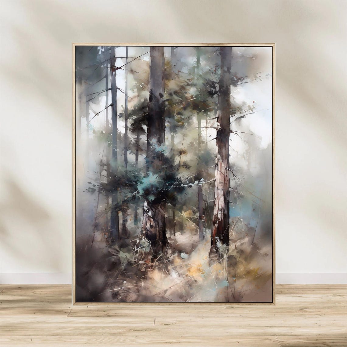 Misty Dark Pine Forest Tall Trunks Soft Fog Watercolor Woodland Poster - Image 3