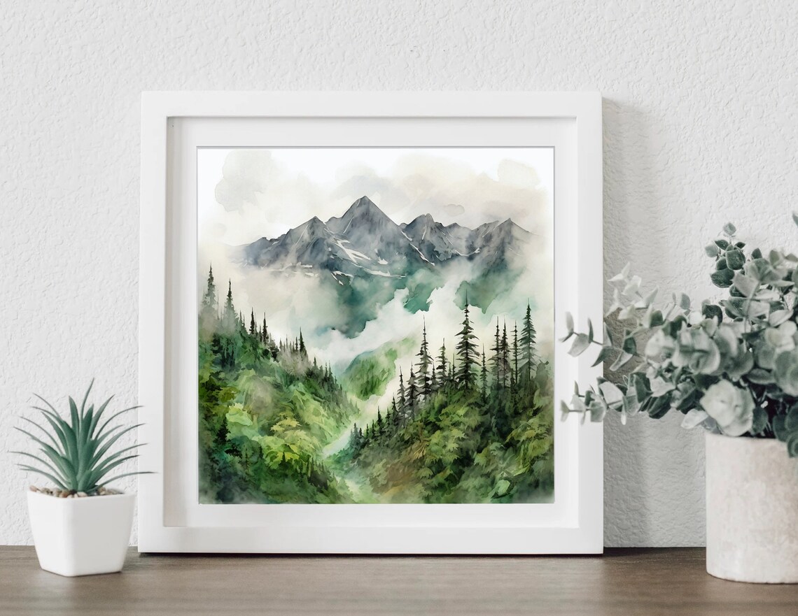 Misty Mountain Landscape Watercolor Art Print - Image 3