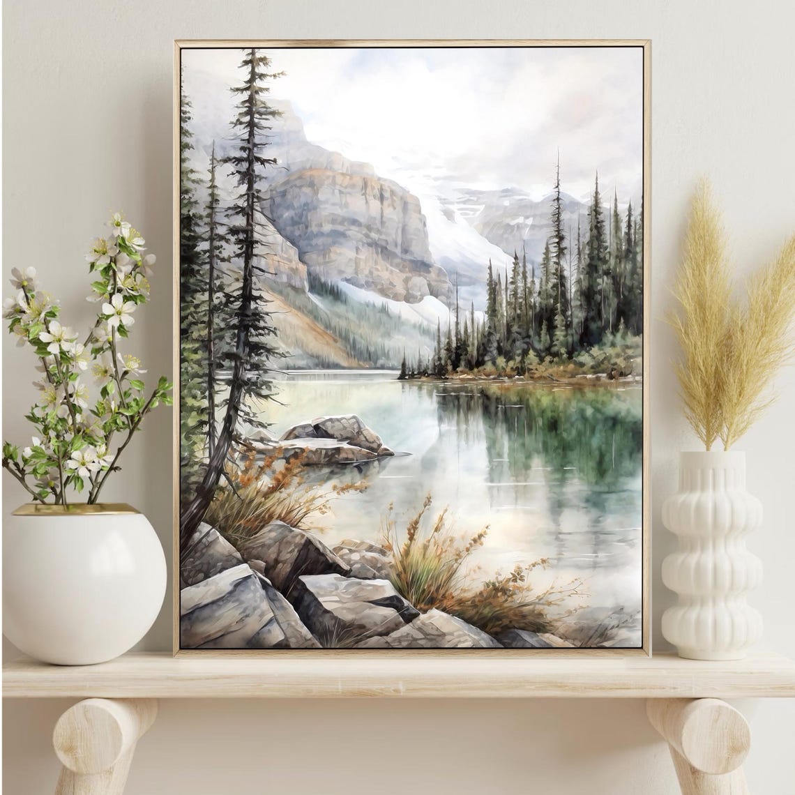 Banff National Park Rocky Lake Pine Shore Watercolor Mountain Poster - Image 4