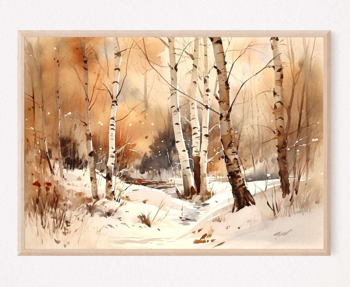 Winter Forest Watercolor Art Print, Snowy Forest