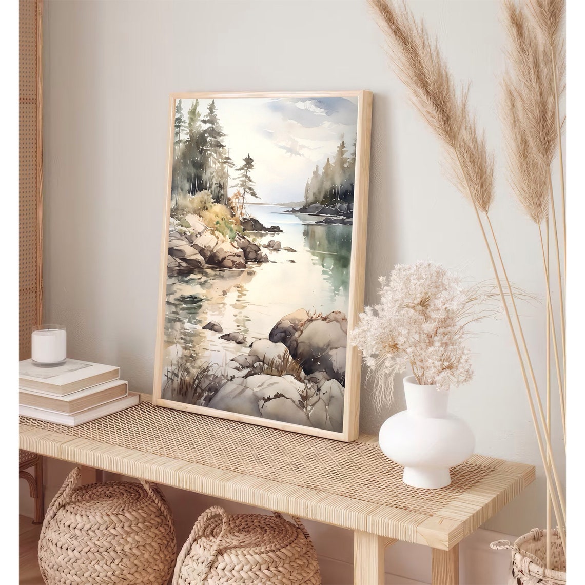 Tranquil Rocky Shoreline Pines Calm Water Watercolor Scenery Poster - Image 4