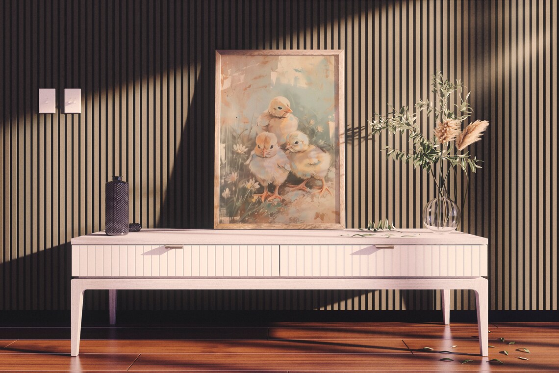 Three Fluffy Baby Chicks Spring Meadow Vintage Oil Painting Poster - Image 3