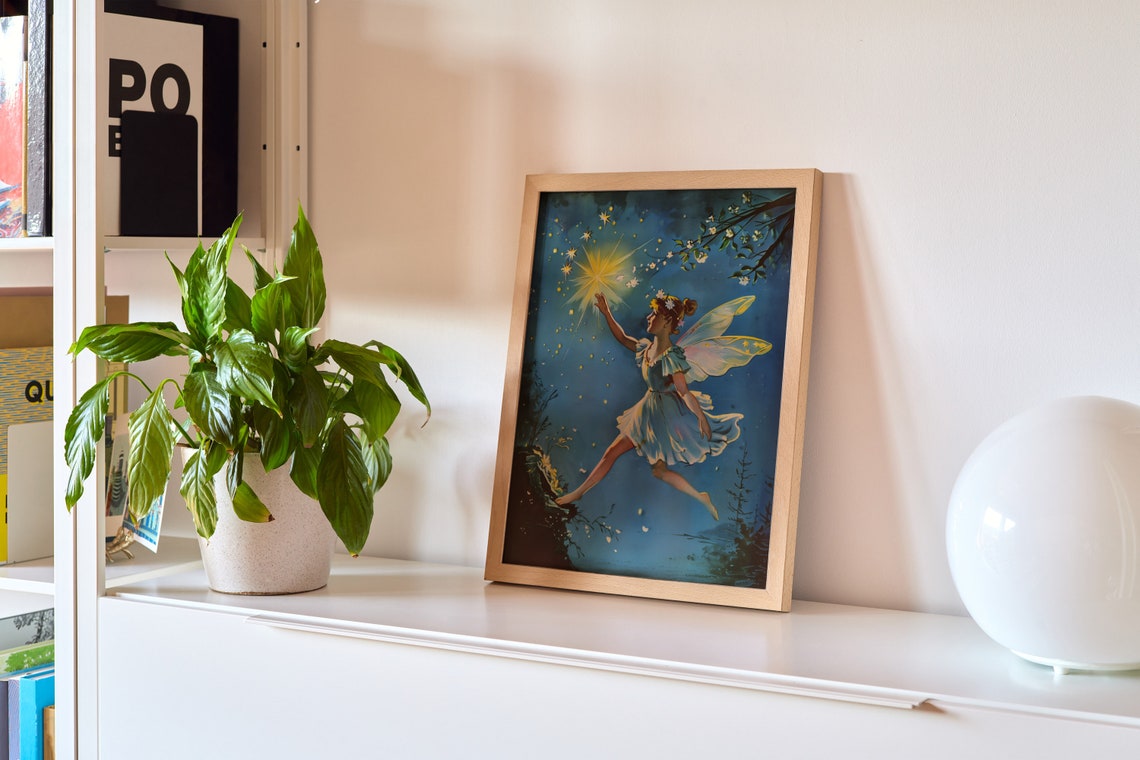 Fairy Reaching for a Star Blue Night Vintage Firefly Postcard Poster - Image 3