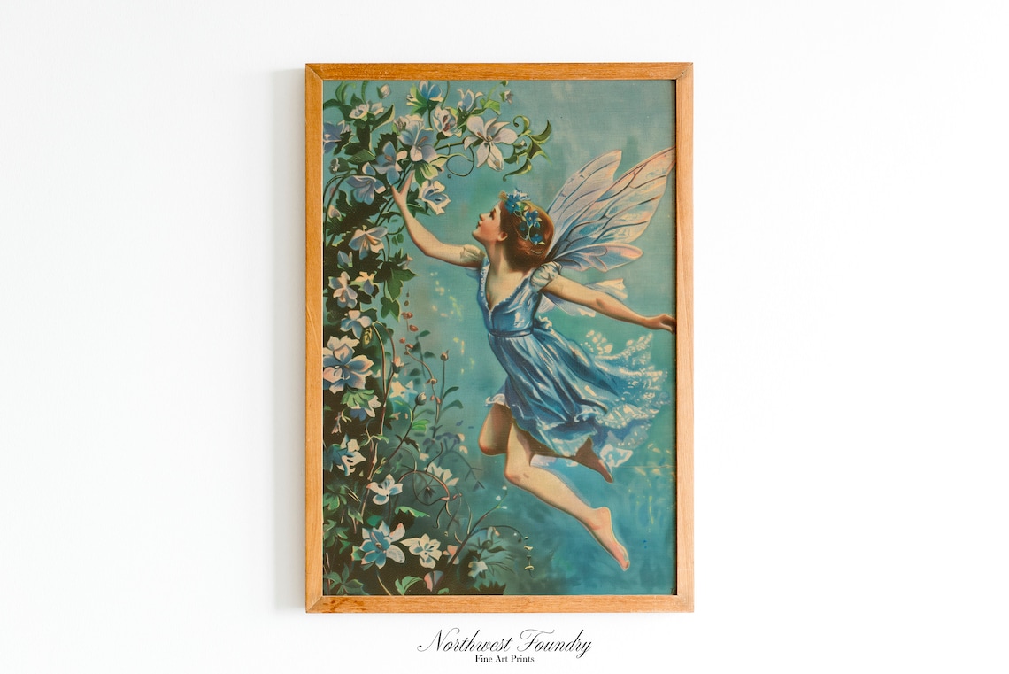 Blue Fairy Among Flowers Teal Vintage Fairycore Postcard Poster