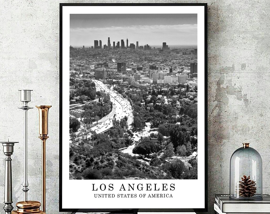 Los Angeles Skyline Black White Photo California View Poster