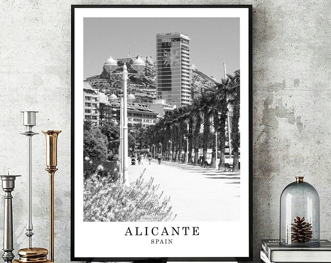 Alicante Spain Palm Promenade Waterfront Black And White Travel Poster