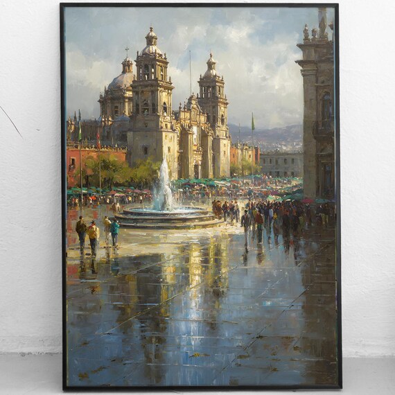Mexico City Metropolitan Cathedral Art Print Zcalo Plaza Fountain Historic Mexican Cityscape Wall Decor