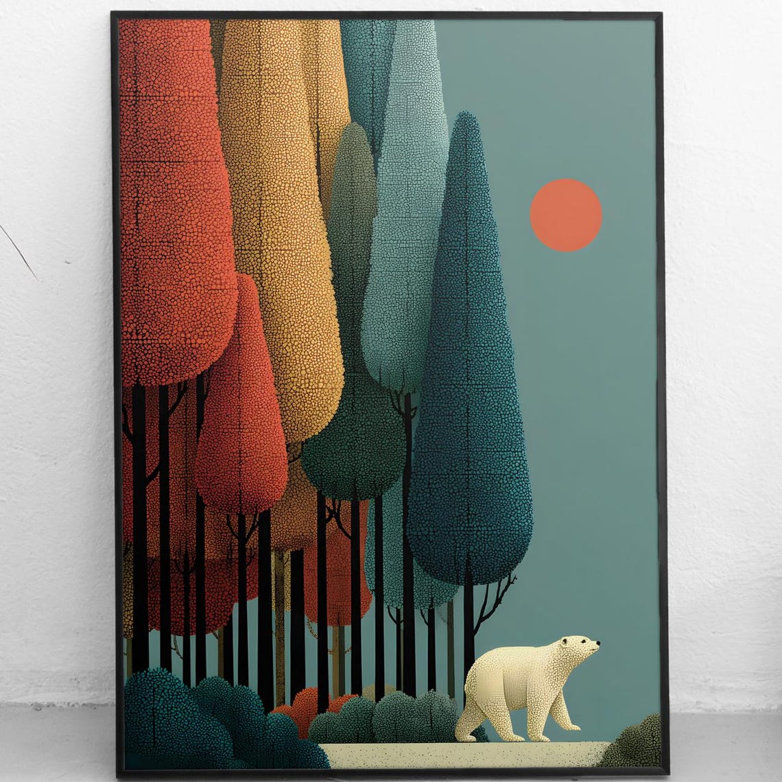 Polar Bear Stylized Forest Teal Orange Modern Minimalist Wall Art