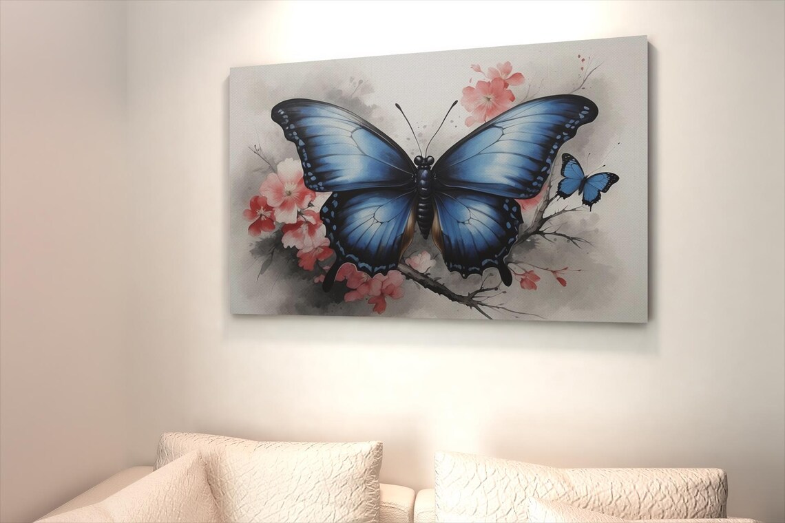 Blue Morpho Butterfly On Pink Blossom Branch Watercolor Art Poster - Image 4