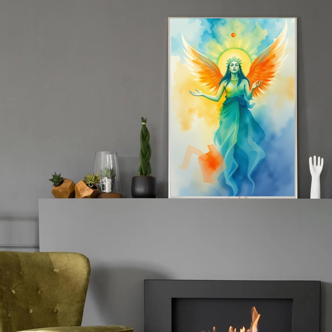 Watercolor Angel Goddess Orange Wings Turquoise Dress Sun Halo Poster - Image 2