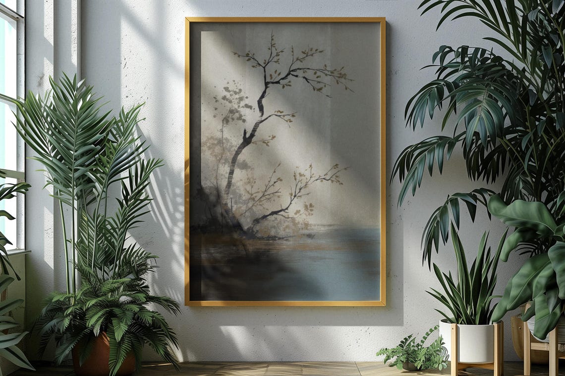 Twisted Black Tree Silhouette On Misty Waters Japanese Art Poster - Image 3