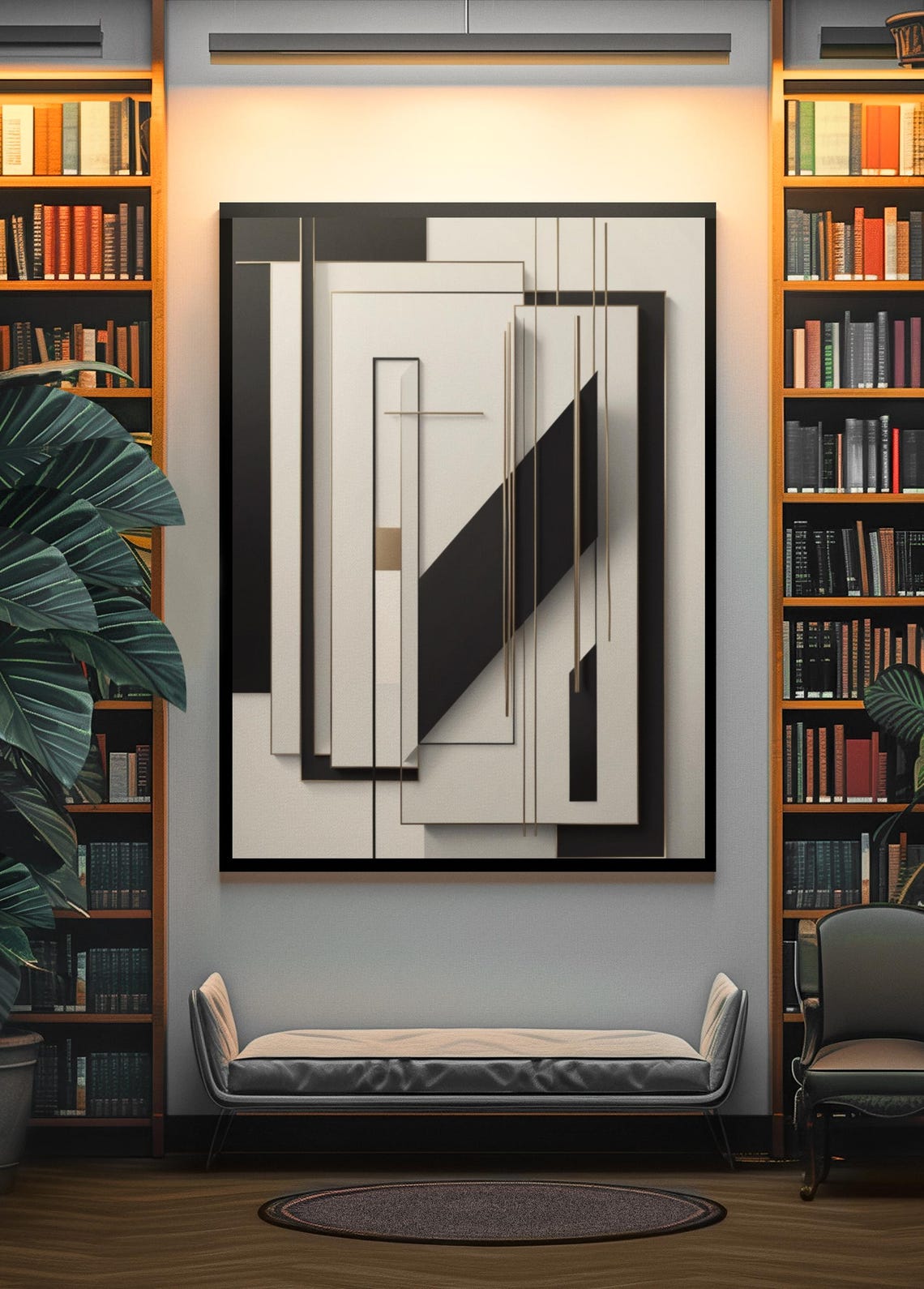 Monochrome Geometric Abstract Layers With Gold Lines Modern Poster - Image 4