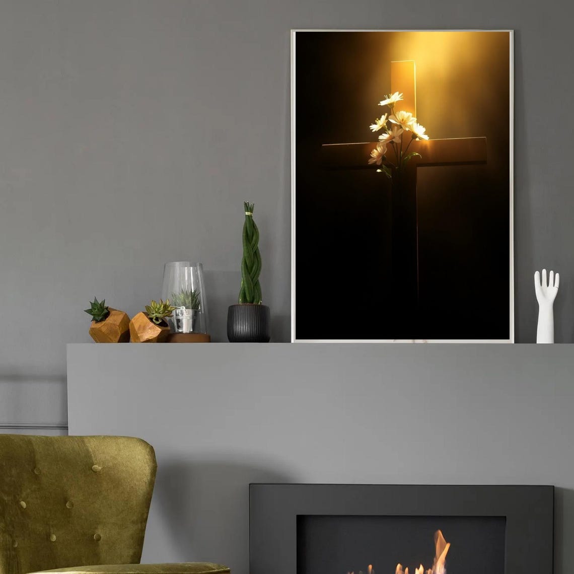 Wooden Cross With White Daisies In Golden Light Christian Wall Poster - Image 2