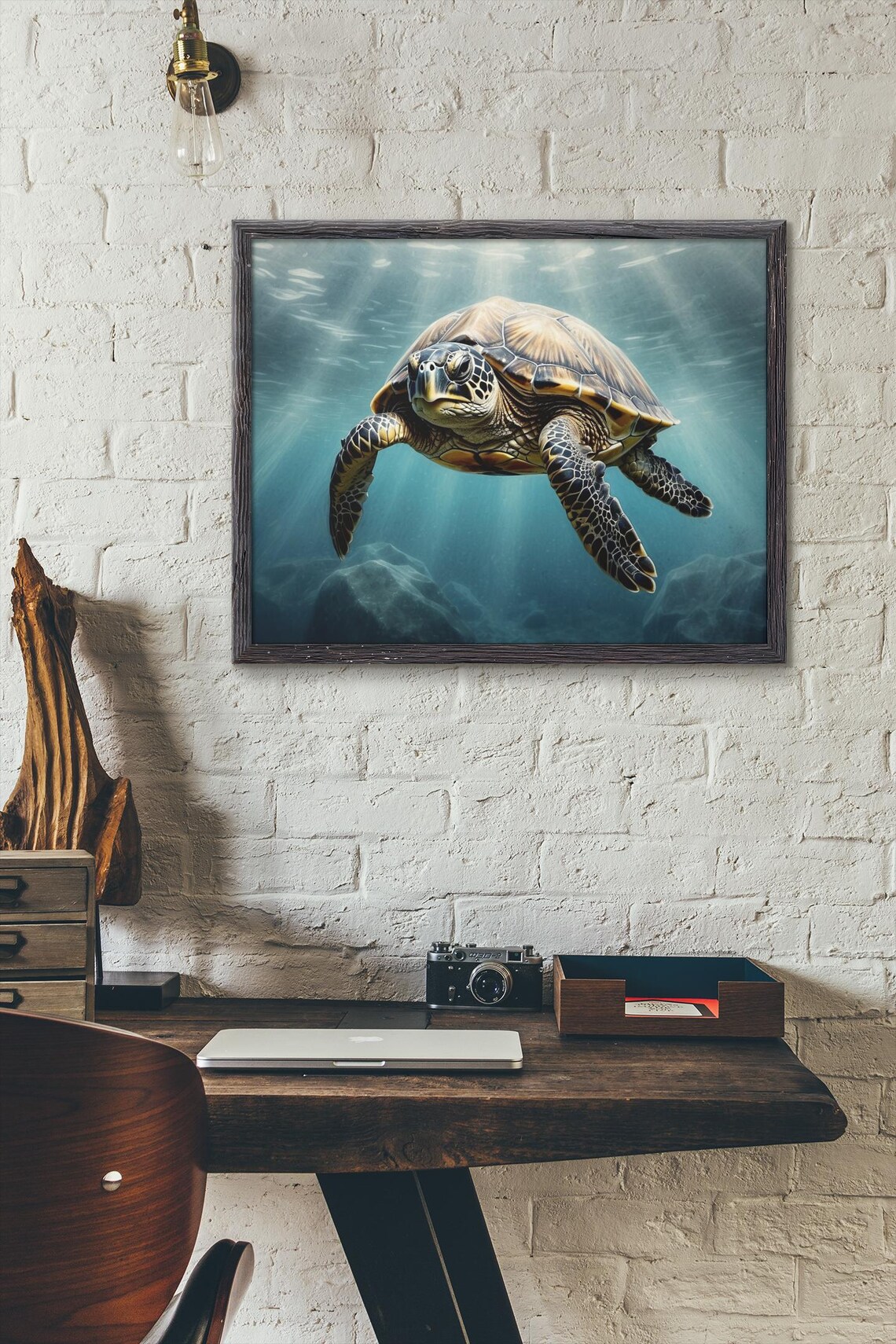 Sea Turtle Swimming Through Sunlit Ocean Rays Wildlife Art Poster - Image 4