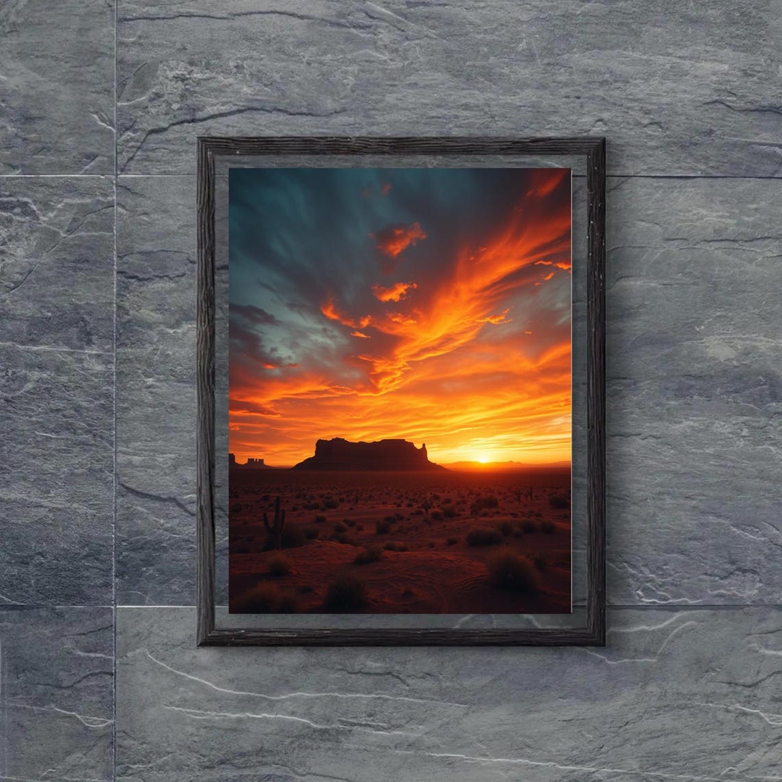 Desert Mesa Sunset Fiery Orange Sky Cacti Western Landscape Poster