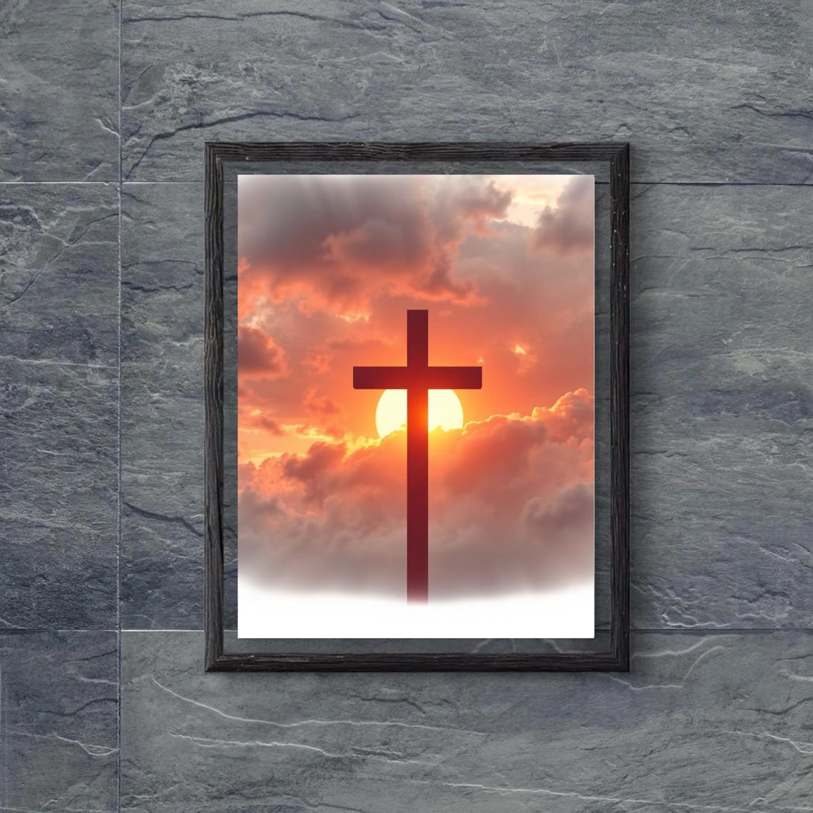 Cross Silhouette Orange Sunset Clouds Sky Hope Faith Christian Poster