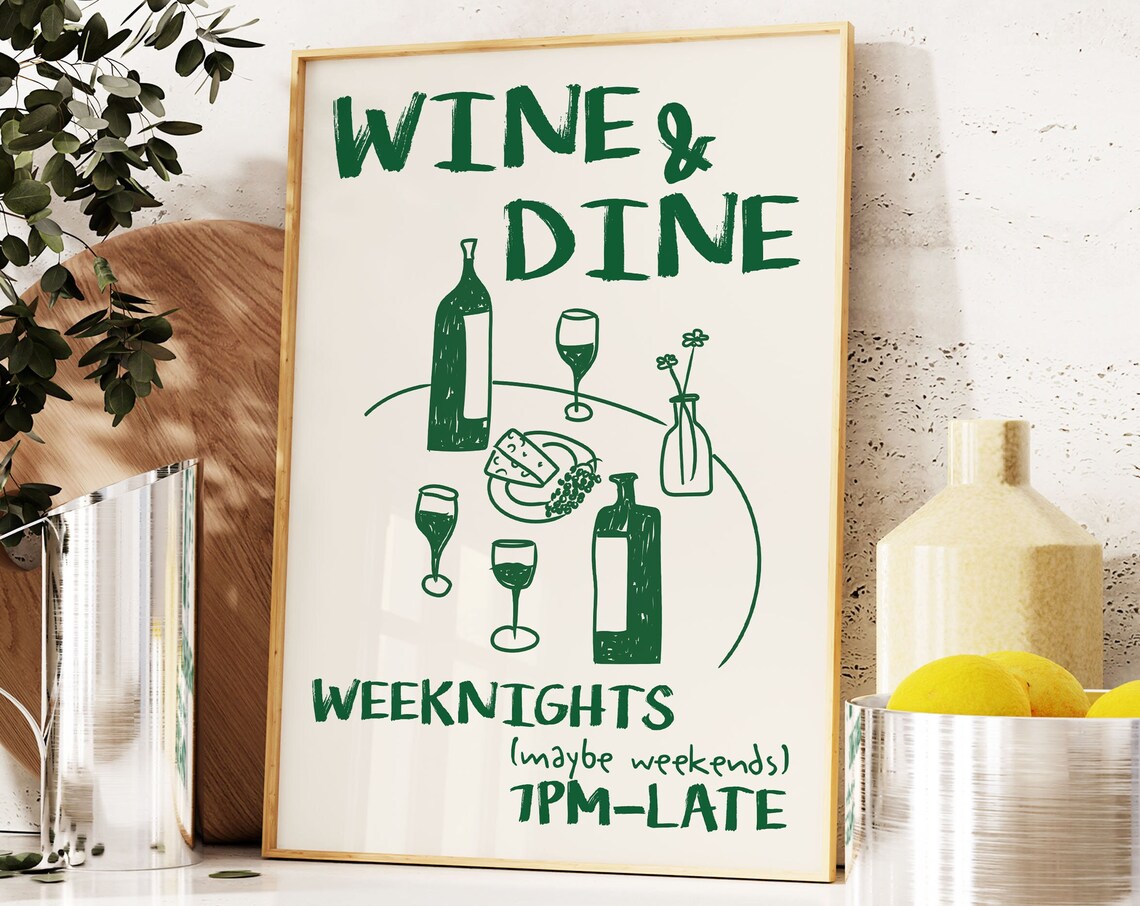 Wine Dine Club Retro Wine Print, Kitchen Wall Art