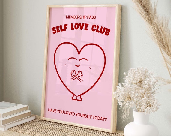 Self Love Club Pink Print Aesthetic Poster Mid Century Modern Print Positivity Motivational Print Trendy Wall Art