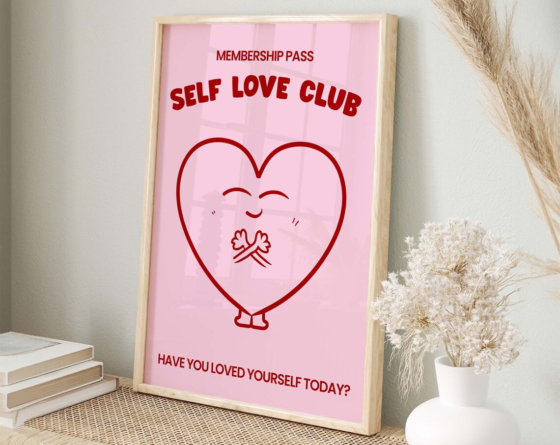 Self Love Club Pink Heart Positivity Poster With Cute Message