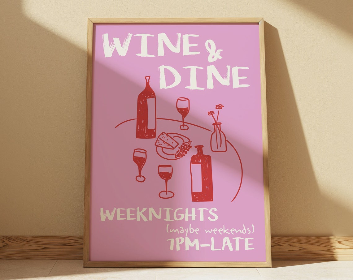 Wine and Dine Bold Pink Retro Weeknights Kitchen Wall Poster