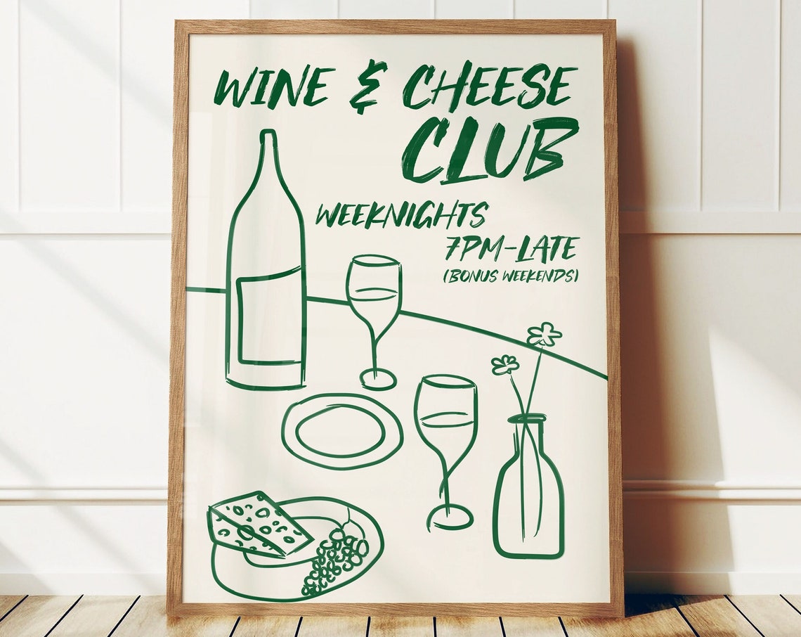 Wine and Cheese Club Weeknight Party Retro Kitchen Decor Poster