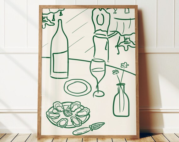 Wine and Oysters Green Line Drawing Bistro Kitchen Decor Poster