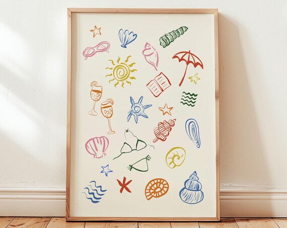 Colorful Hand Drawn Coastal Beach Doodles Summer Icon Poster