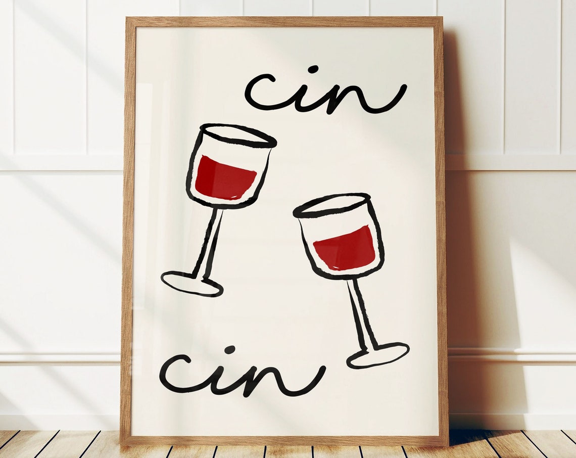 Cin Cin Wine Glasses Minimalist Red Black Line Art Bar Poster